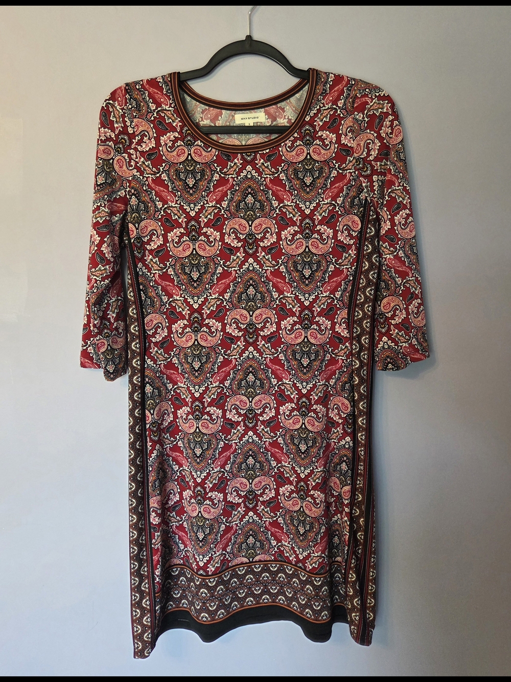 Max Studio Paisley Shift Dress 3/4 Sleeves Womens S Red Slip-on Easy Classy